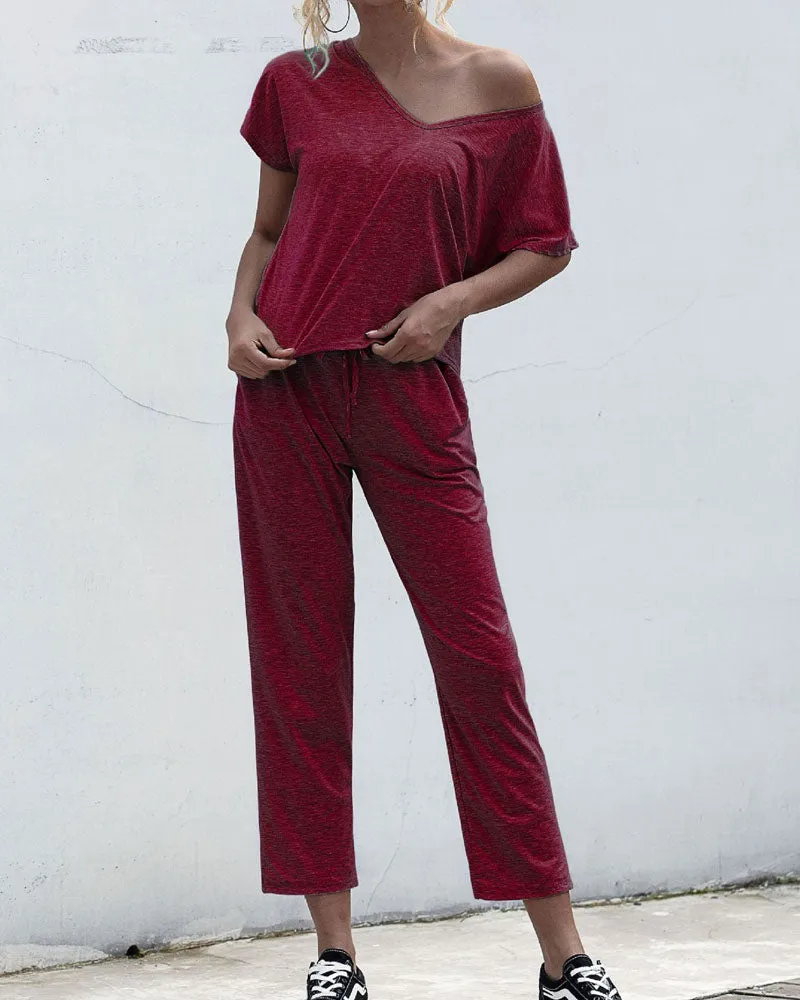 Lace-up Short Sleeve Two-piece One Shoulder Loungewear With Pocket