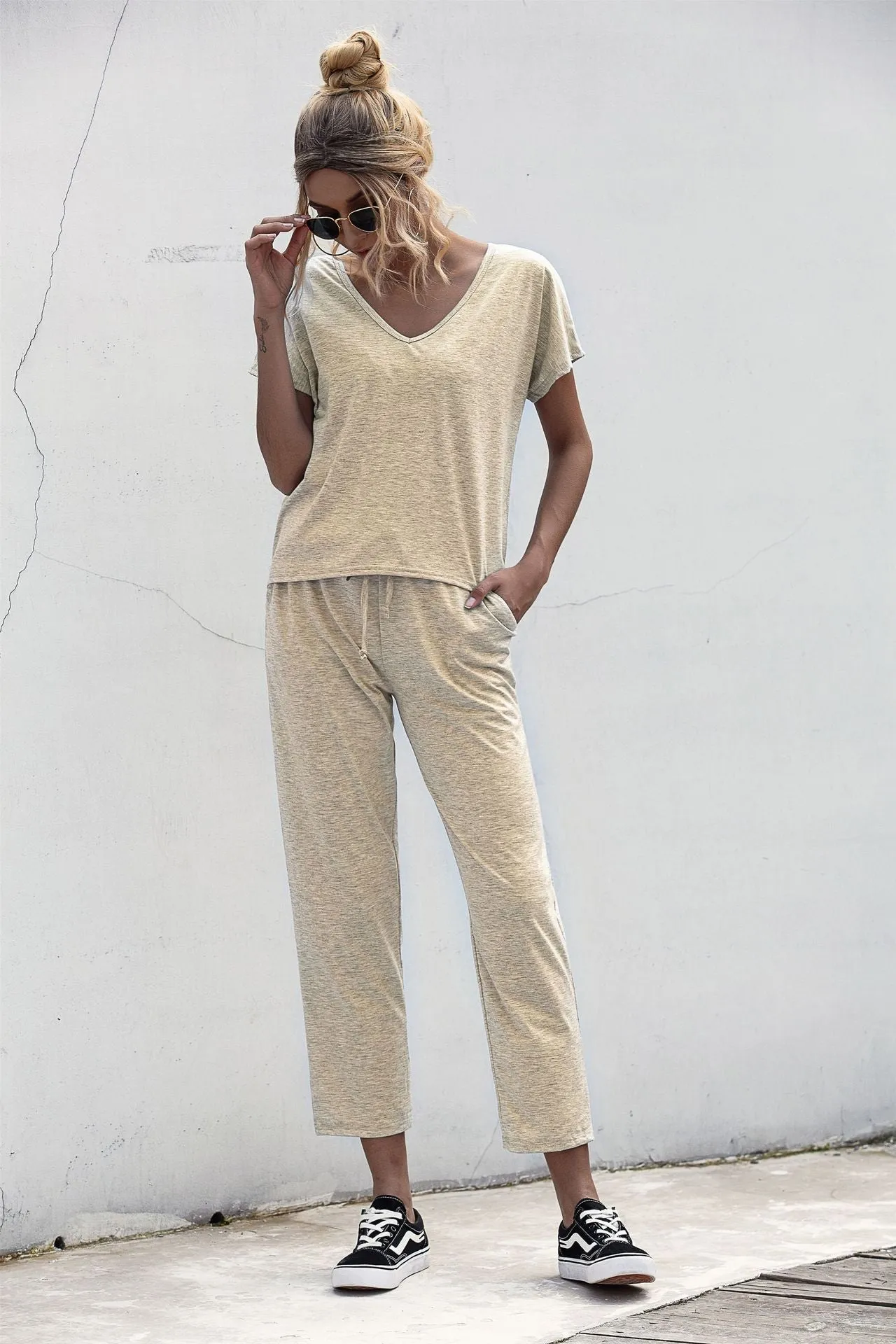 Lace-up Short Sleeve Two-piece One Shoulder Loungewear With Pocket
