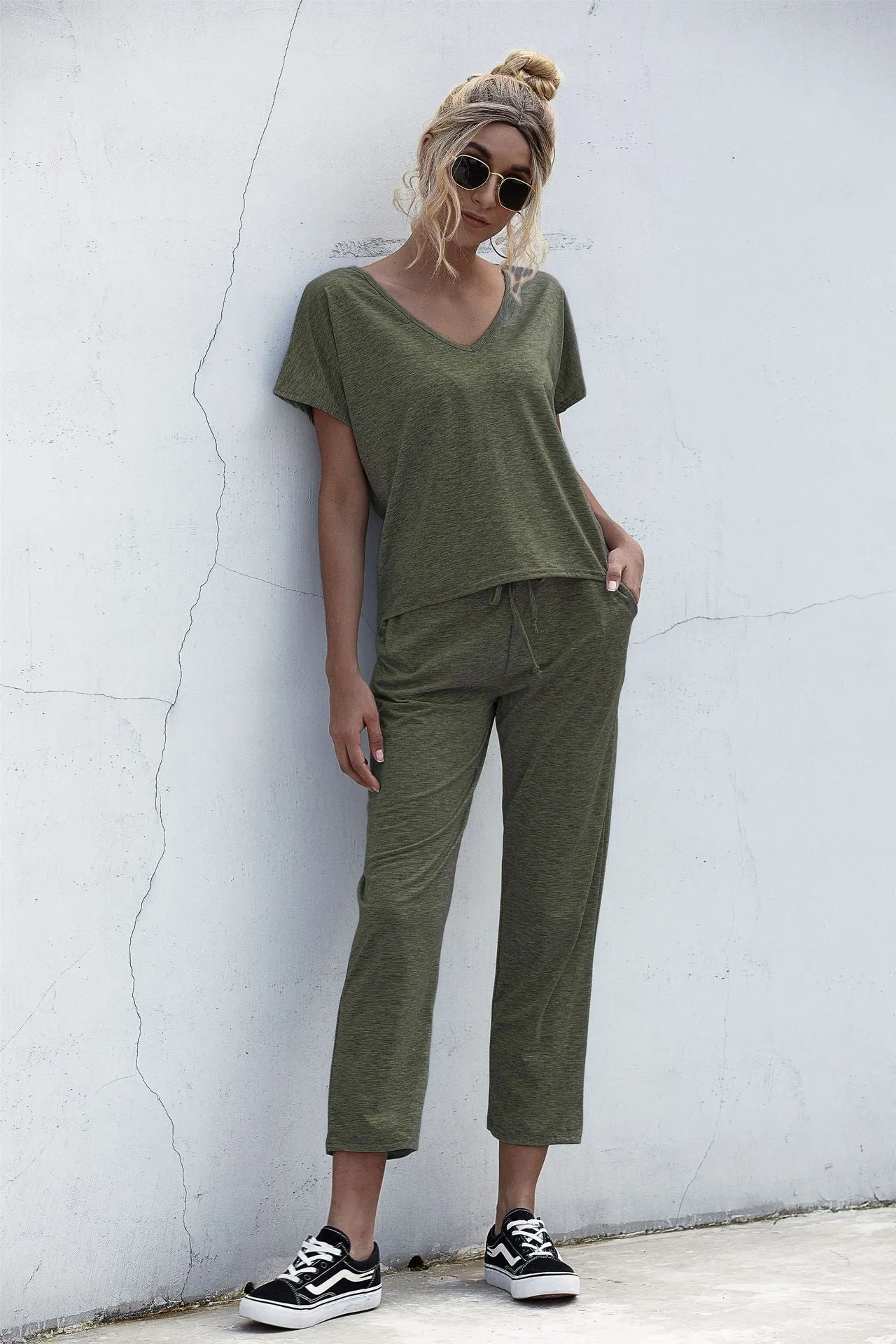 Lace-up Short Sleeve Two-piece One Shoulder Loungewear With Pocket