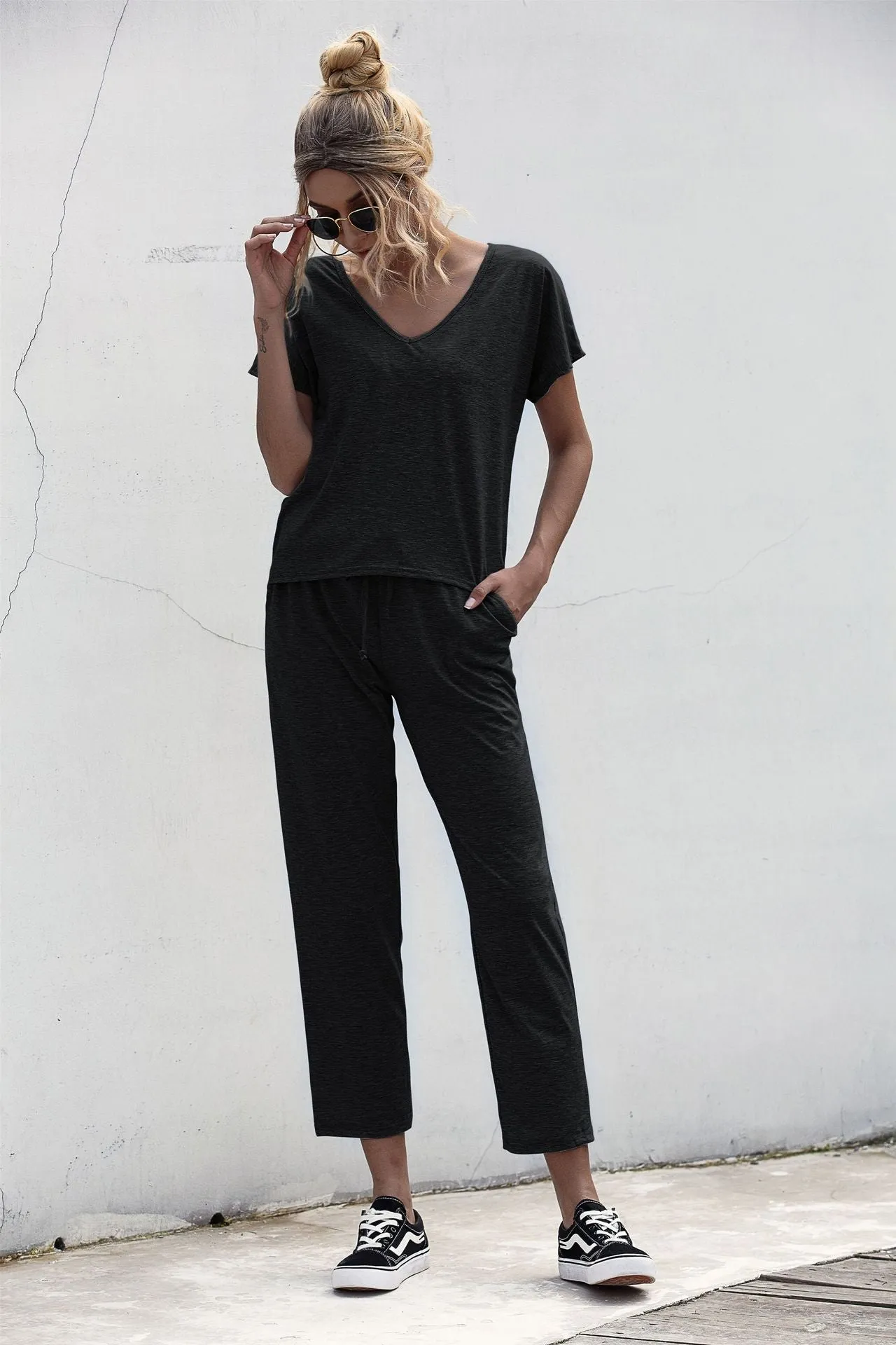 Lace-up Short Sleeve Two-piece One Shoulder Loungewear With Pocket