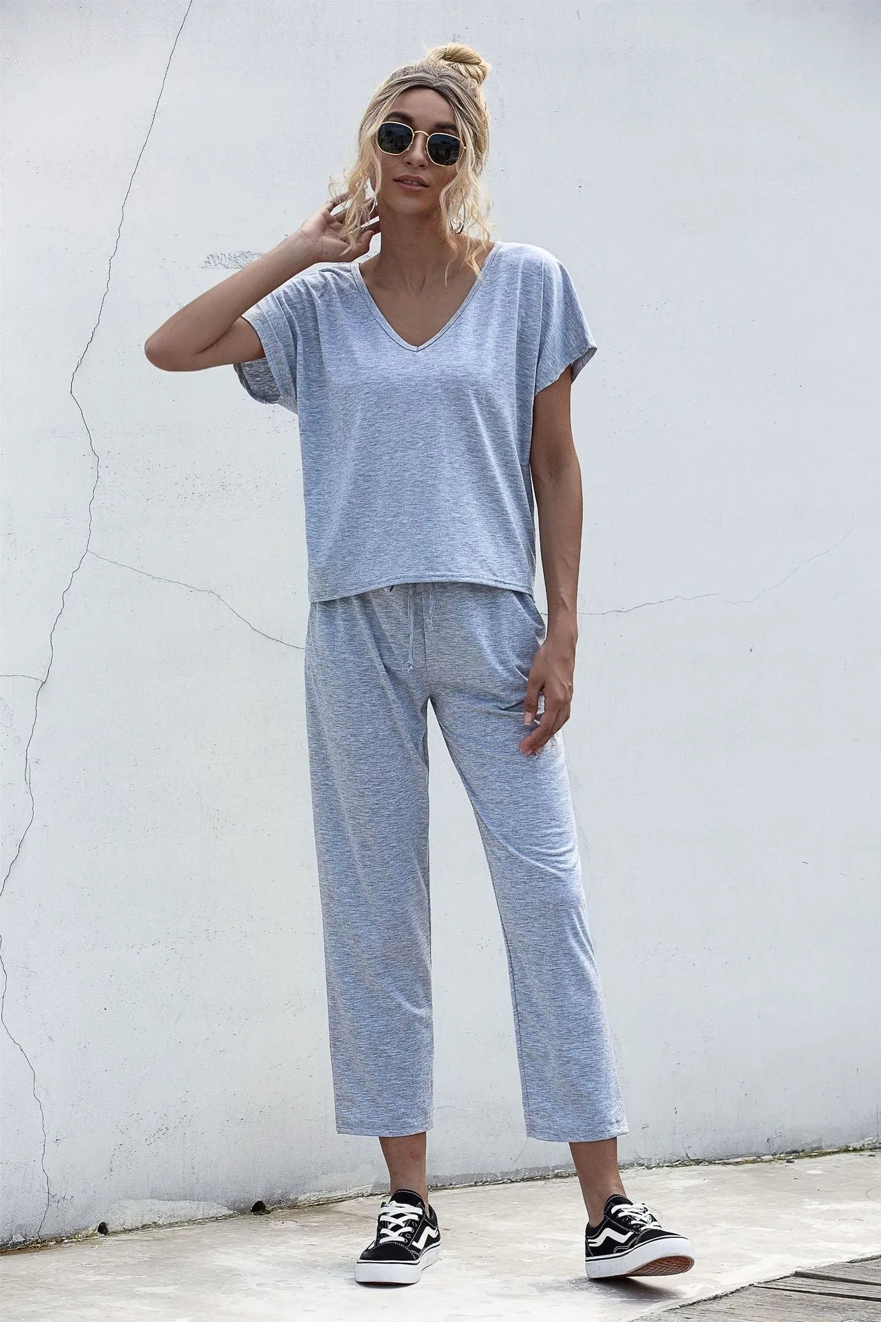 Lace-up Short Sleeve Two-piece One Shoulder Loungewear With Pocket
