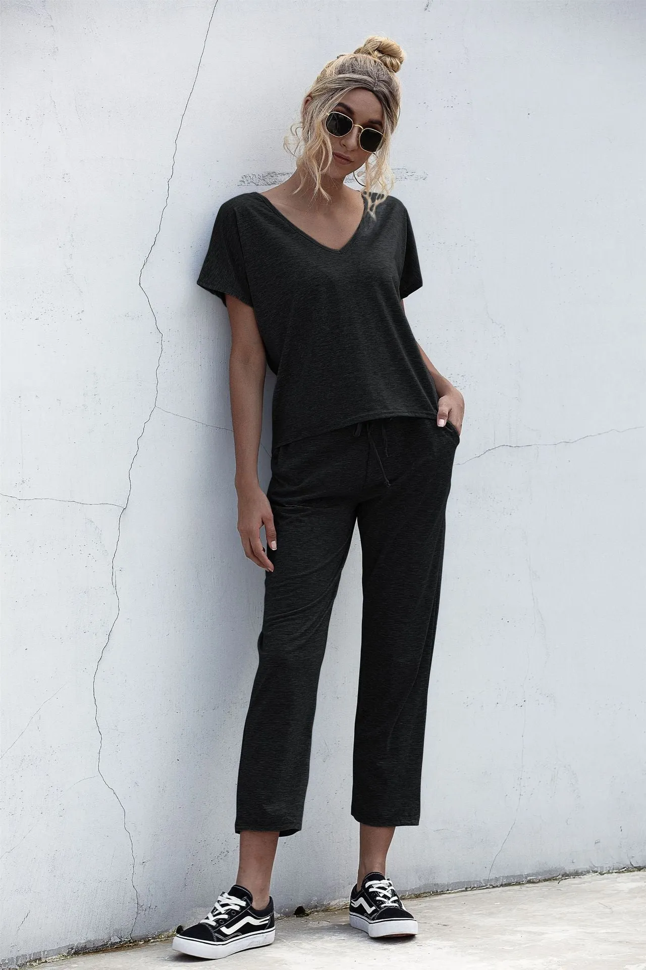 Lace-up Short Sleeve Two-piece One Shoulder Loungewear With Pocket