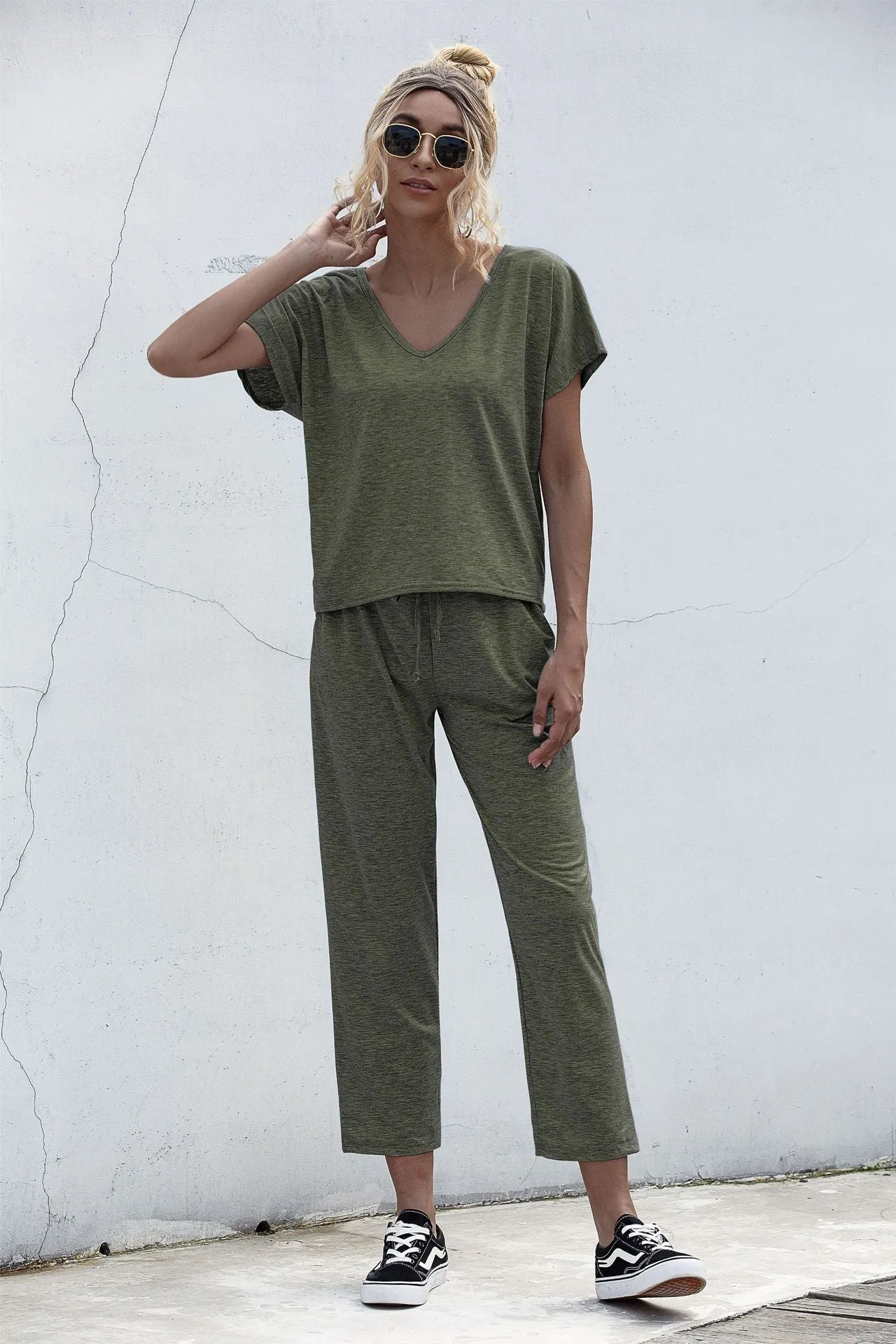 Lace-up Short Sleeve Two-piece One Shoulder Loungewear With Pocket