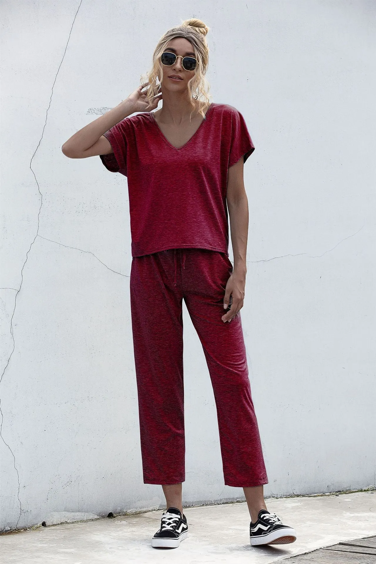 Lace-up Short Sleeve Two-piece One Shoulder Loungewear With Pocket