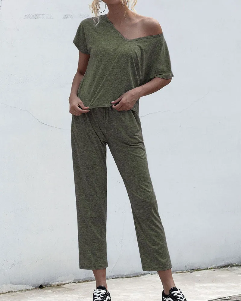 Lace-up Short Sleeve Two-piece One Shoulder Loungewear With Pocket
