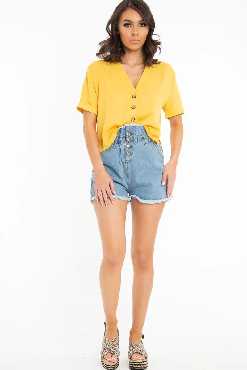 Light Denim High Waist Frilled Hem Paperbag Shorts - Raivyn
