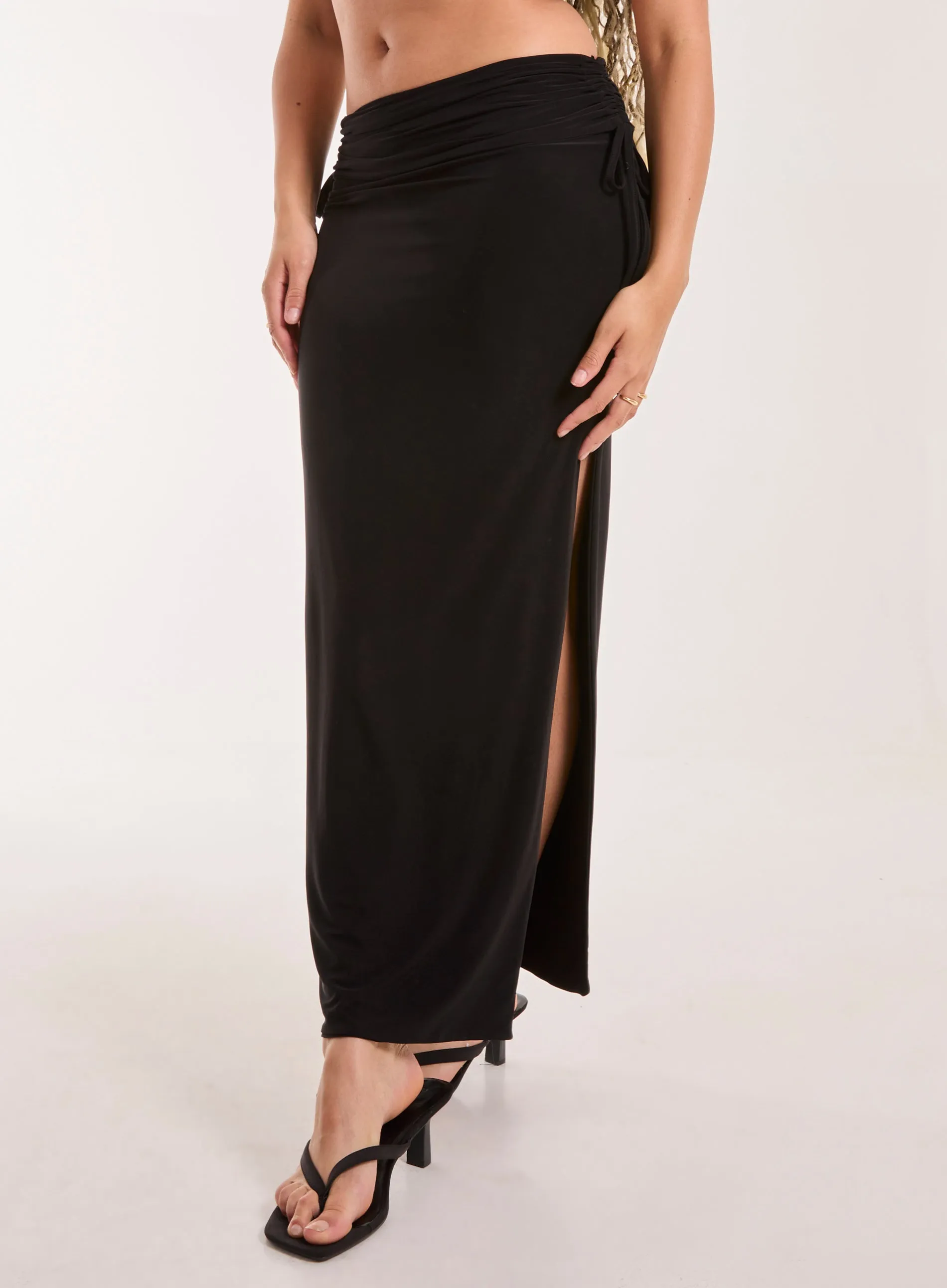 Low Rise Fold Over Slinky Maxi Skirt