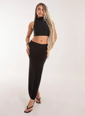 Low Rise Fold Over Slinky Maxi Skirt