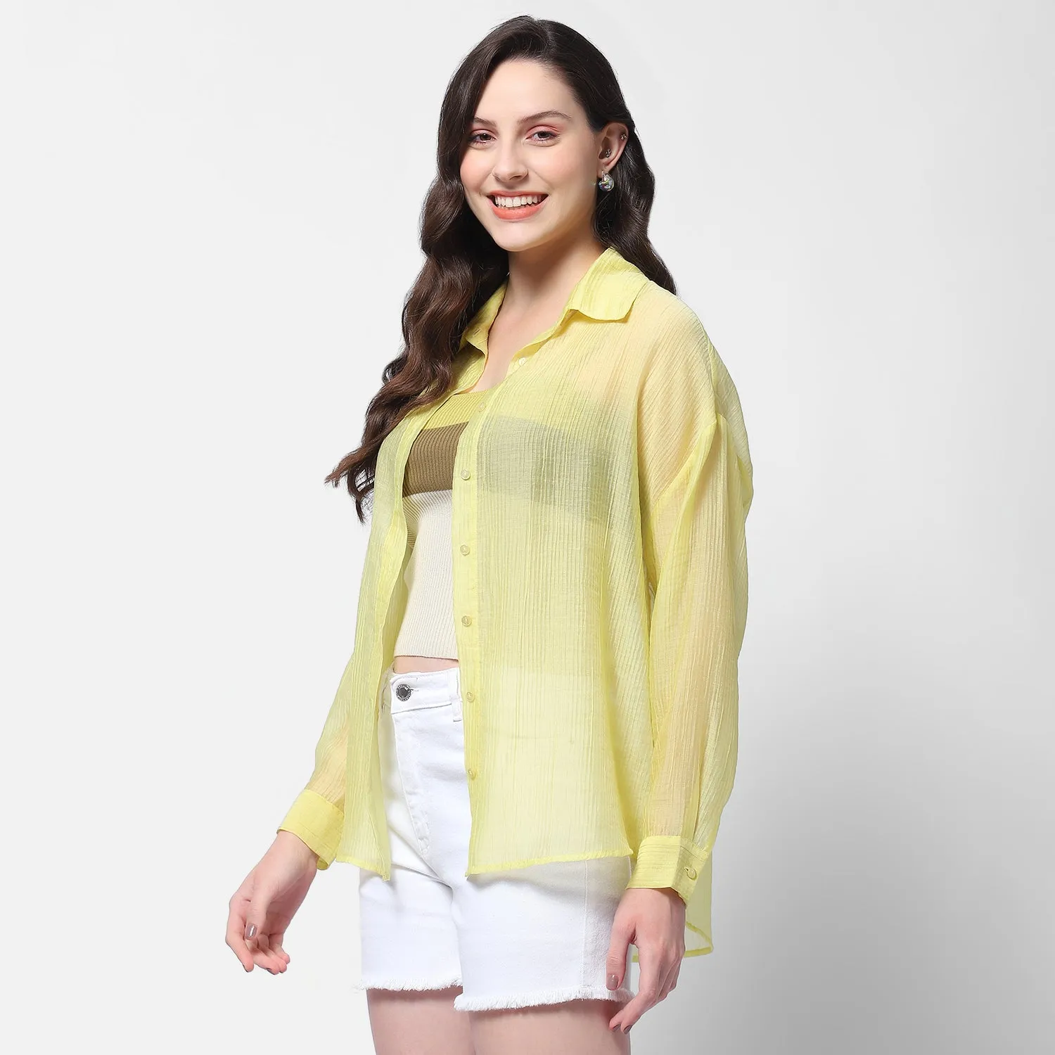 Madame Semi Sheer Lime Shirt With Colour Blocked Inner