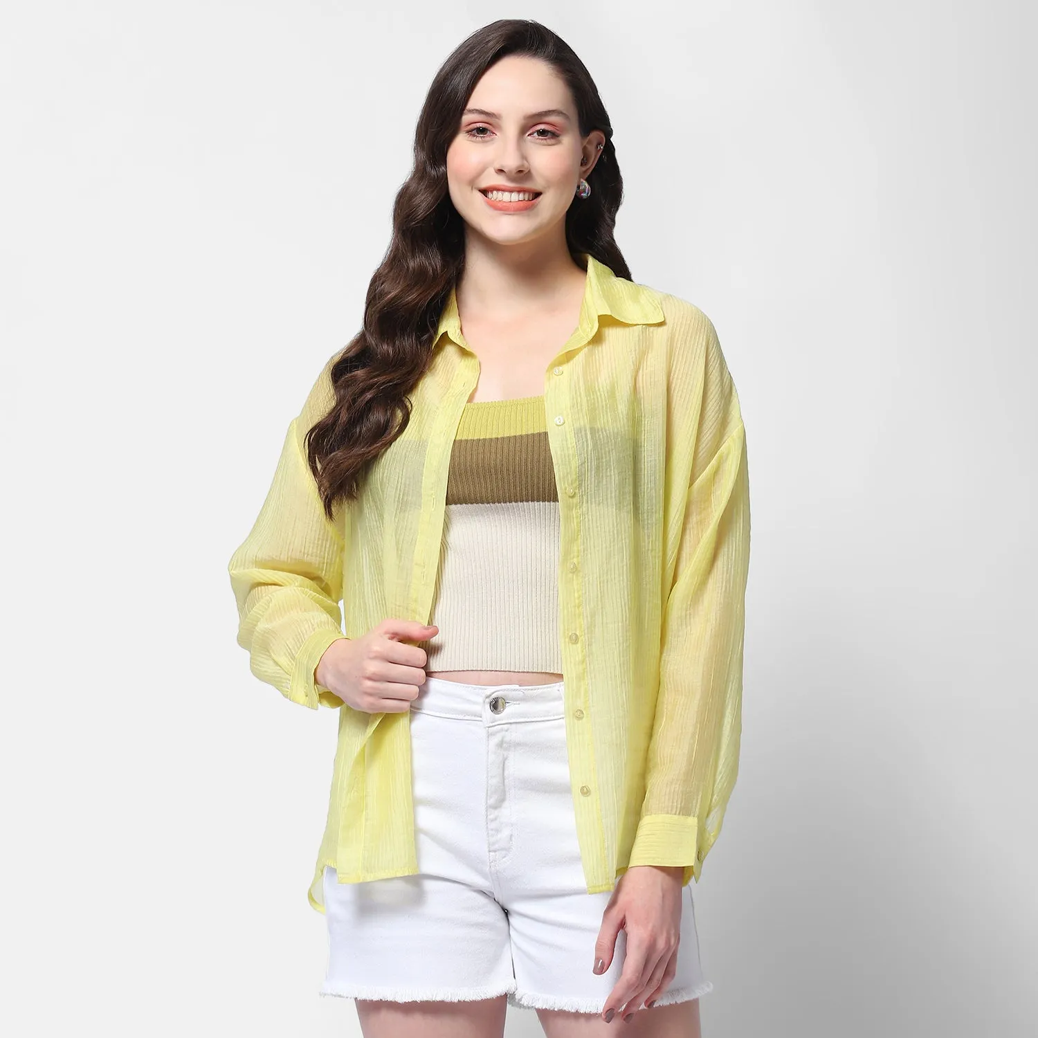 Madame Semi Sheer Lime Shirt With Colour Blocked Inner
