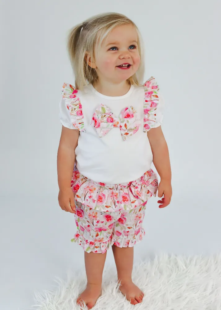 Mintini Girls White Floral Shorts Set