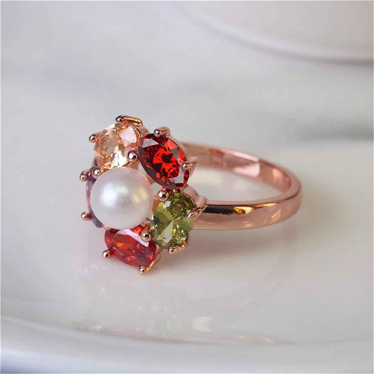 Multicolor Crystal & Pearl 18k Rose Gold-Plated Flower Ring