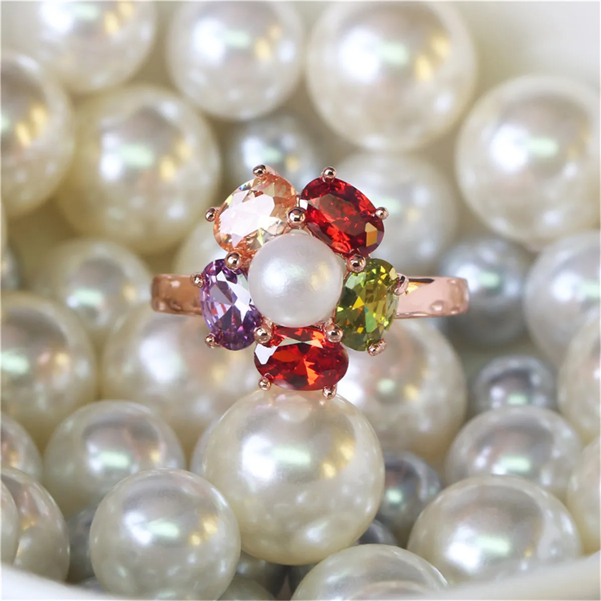 Multicolor Crystal & Pearl 18k Rose Gold-Plated Flower Ring