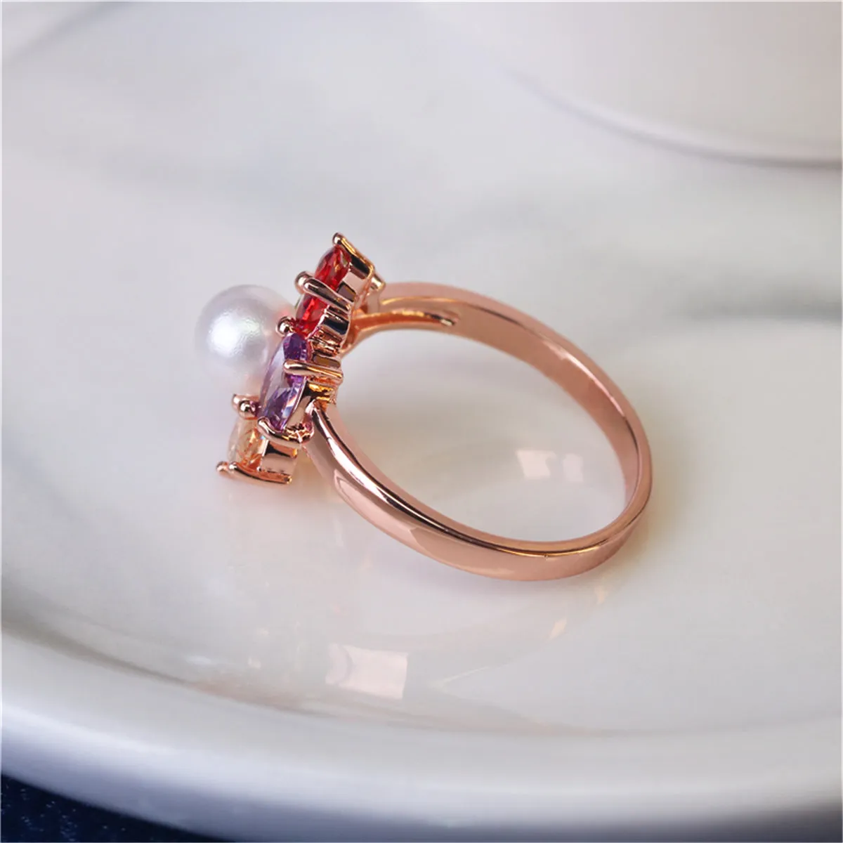 Multicolor Crystal & Pearl 18k Rose Gold-Plated Flower Ring