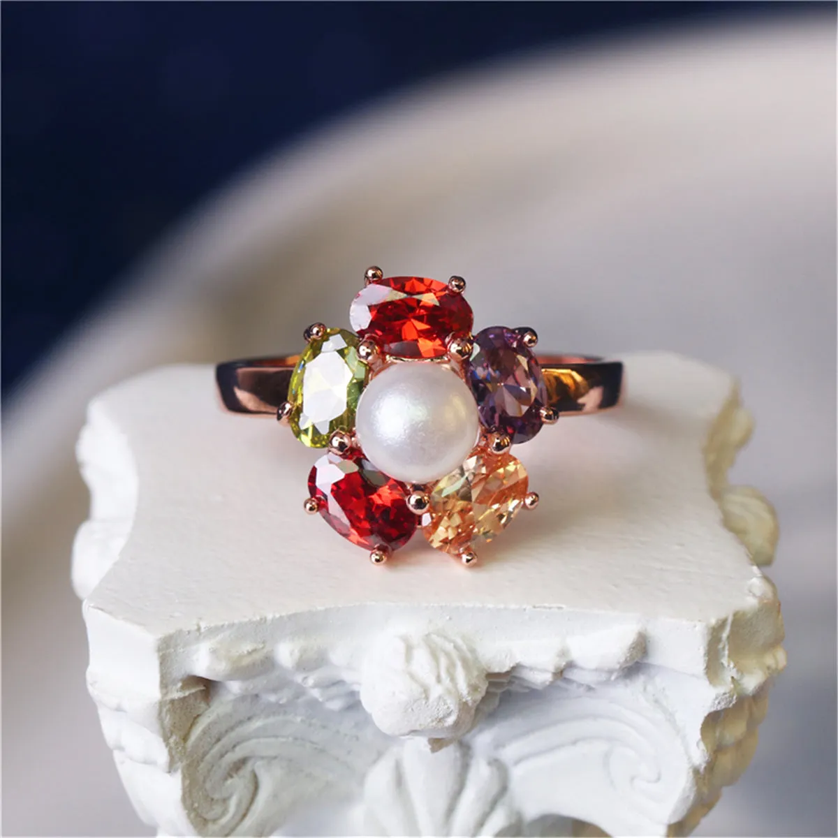 Multicolor Crystal & Pearl 18k Rose Gold-Plated Flower Ring