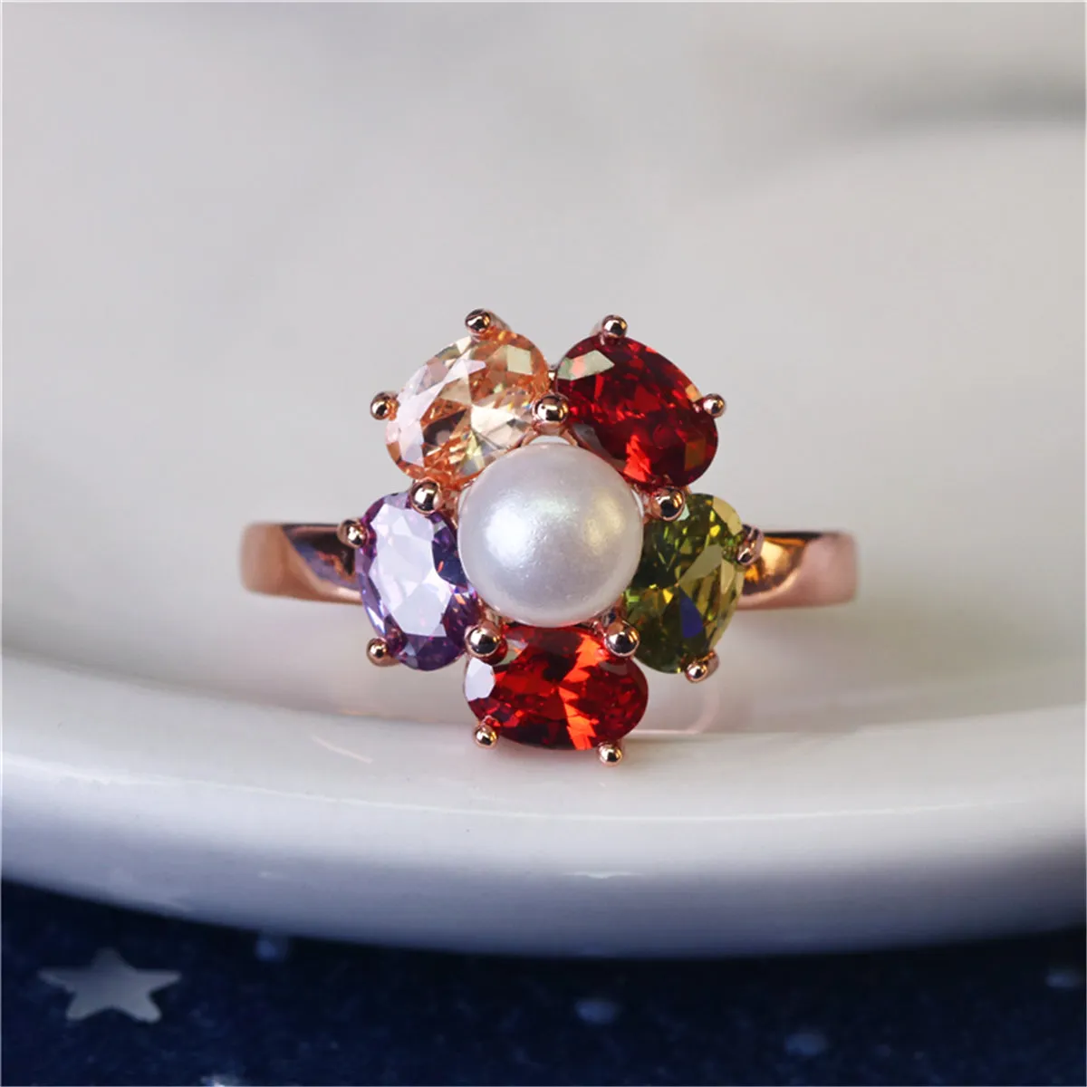 Multicolor Crystal & Pearl 18k Rose Gold-Plated Flower Ring