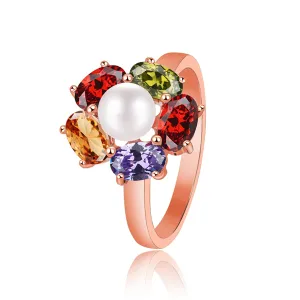 Multicolor Crystal & Pearl 18k Rose Gold-Plated Flower Ring
