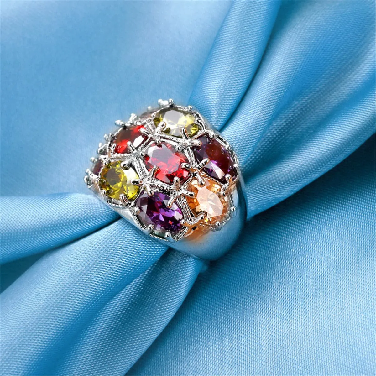 Multicolor Crystal & Silver-Plated Oval Pavé Ring