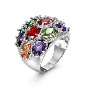 Multicolor Crystal & Silver-Plated Oval Pavé Ring
