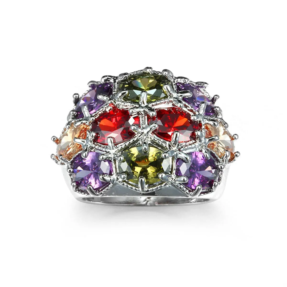 Multicolor Crystal & Silver-Plated Oval Pavé Ring