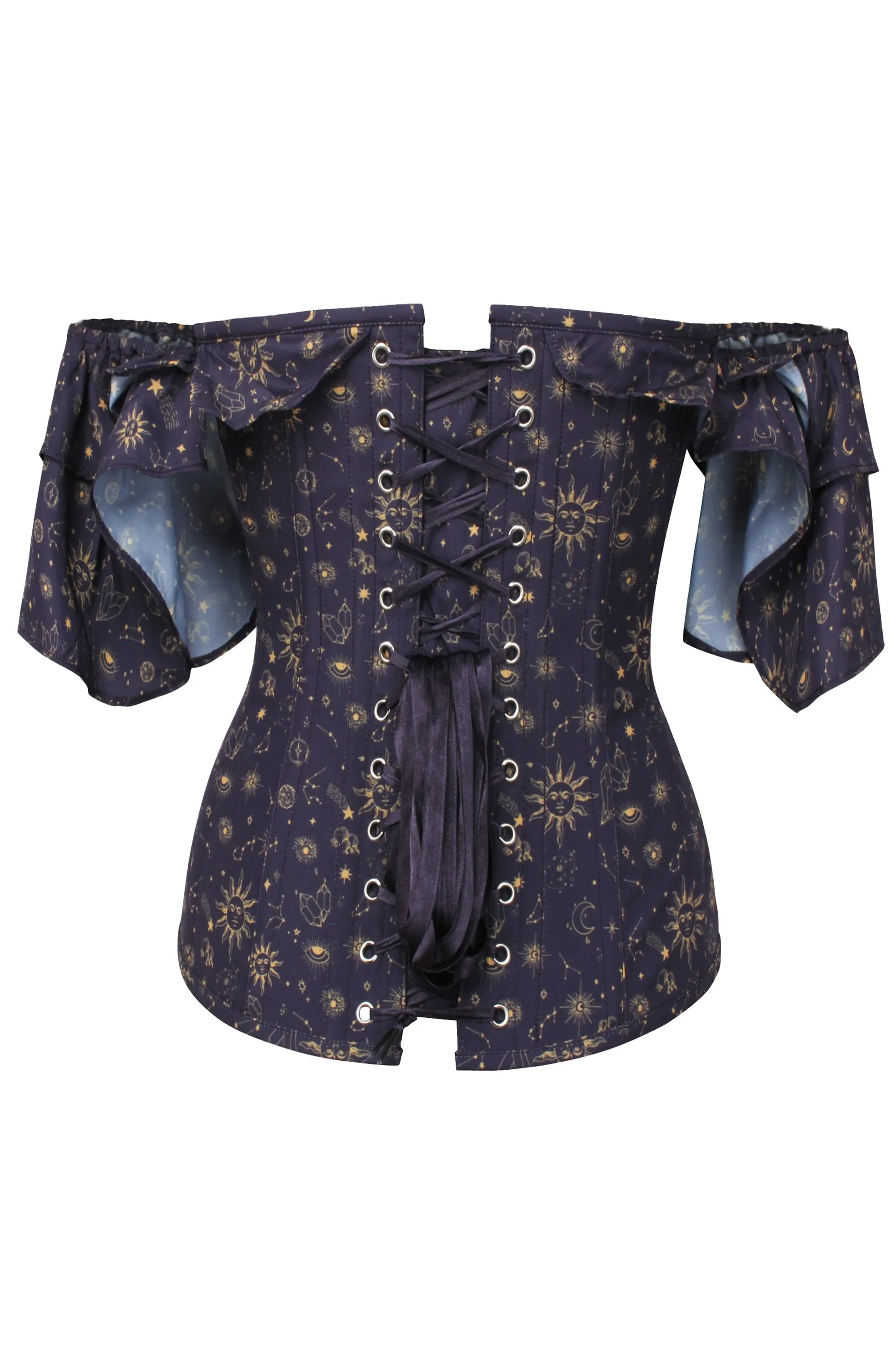 Mystic Galaxy Indigo And Gold Corset Top With Frilled Sleeve