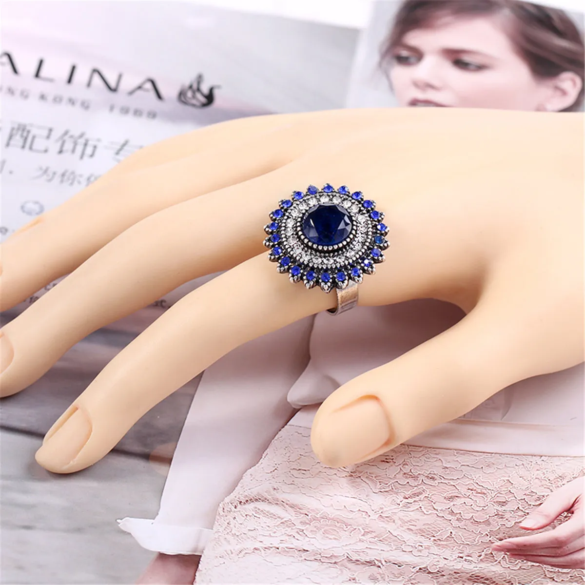 Navy & White Cubic Zirconia Sunflower Club Ring
