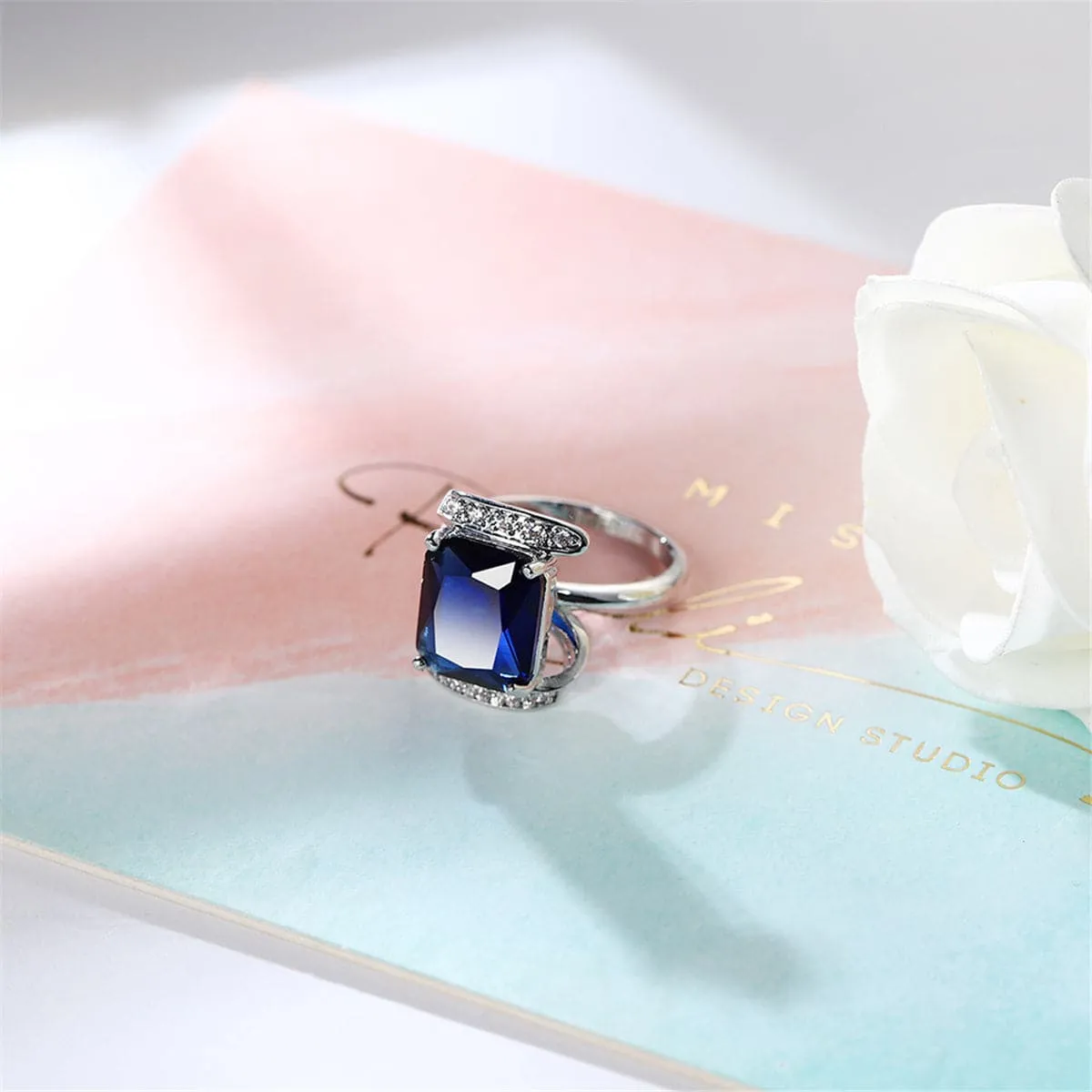 Navy Crystal & Cubic Zirconia Princess-Cut Ring
