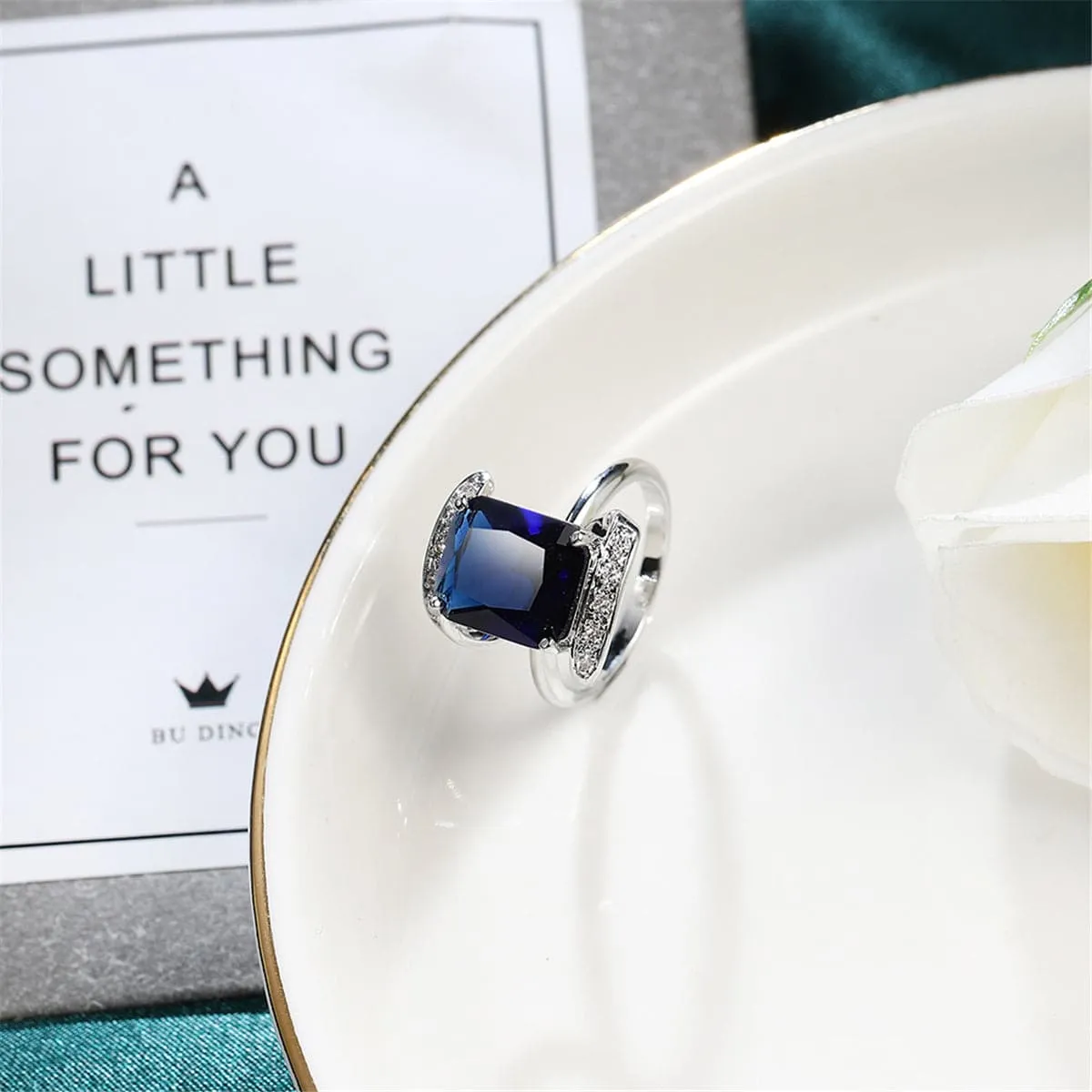 Navy Crystal & Cubic Zirconia Princess-Cut Ring