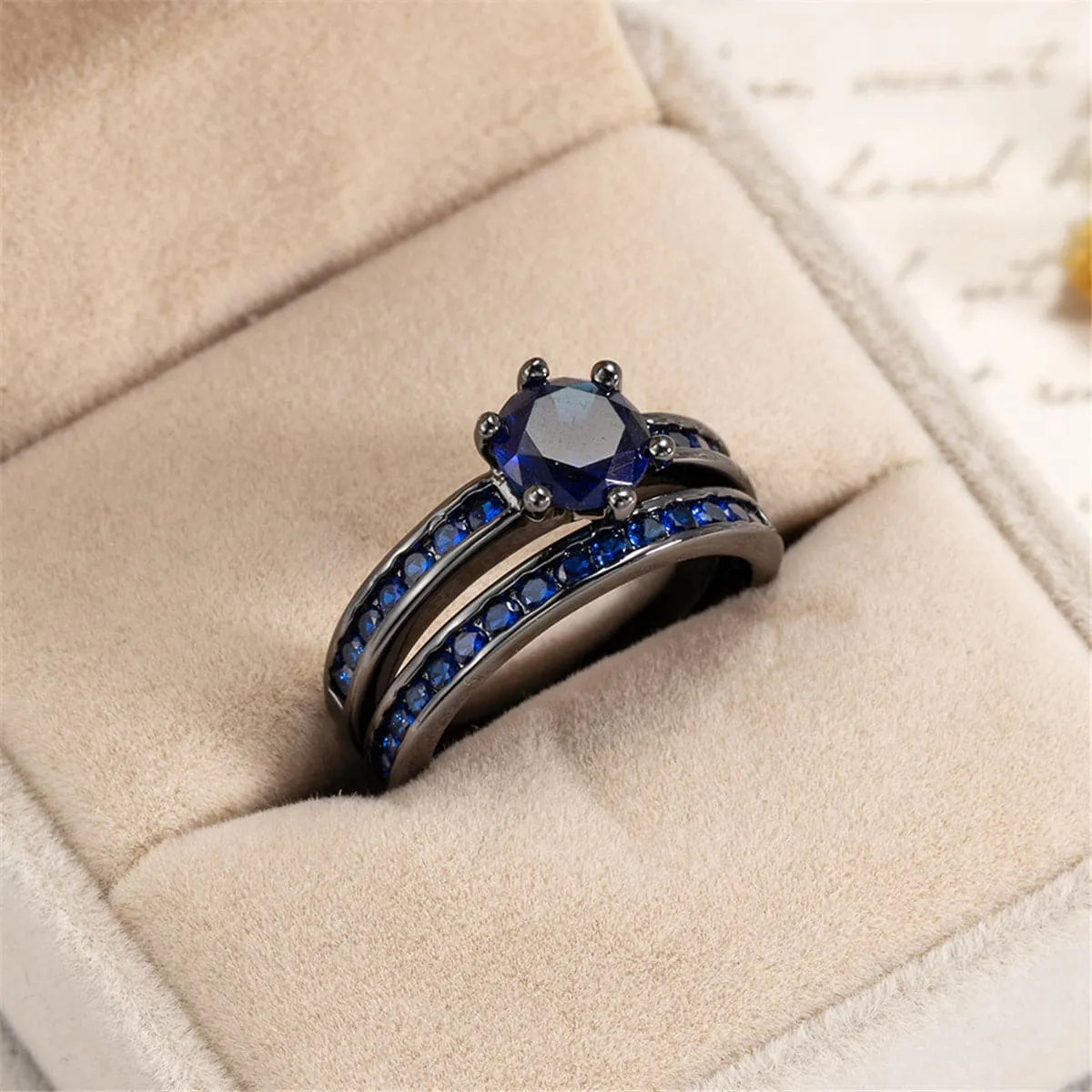Navy Crystal & Cubic Zirconia Round-Cut Band & Ring Set