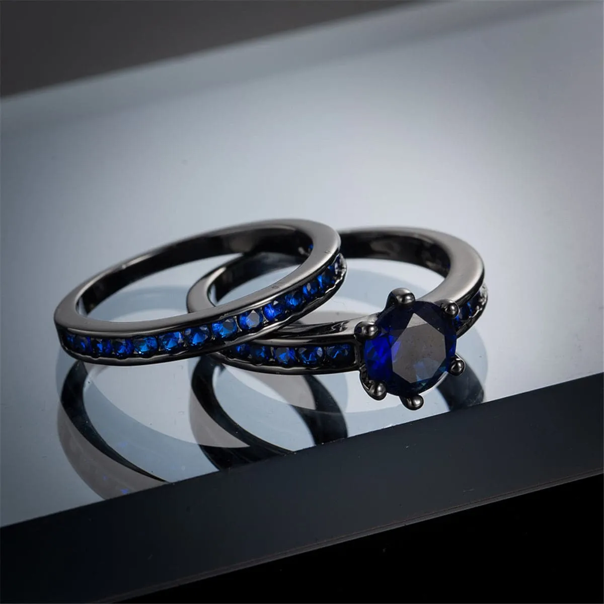 Navy Crystal & Cubic Zirconia Round-Cut Band & Ring Set
