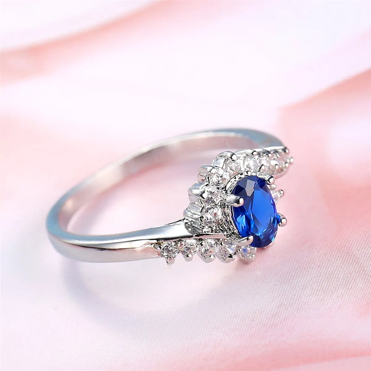 Navy Crystal & Silver-Plated Oval Botany Ring