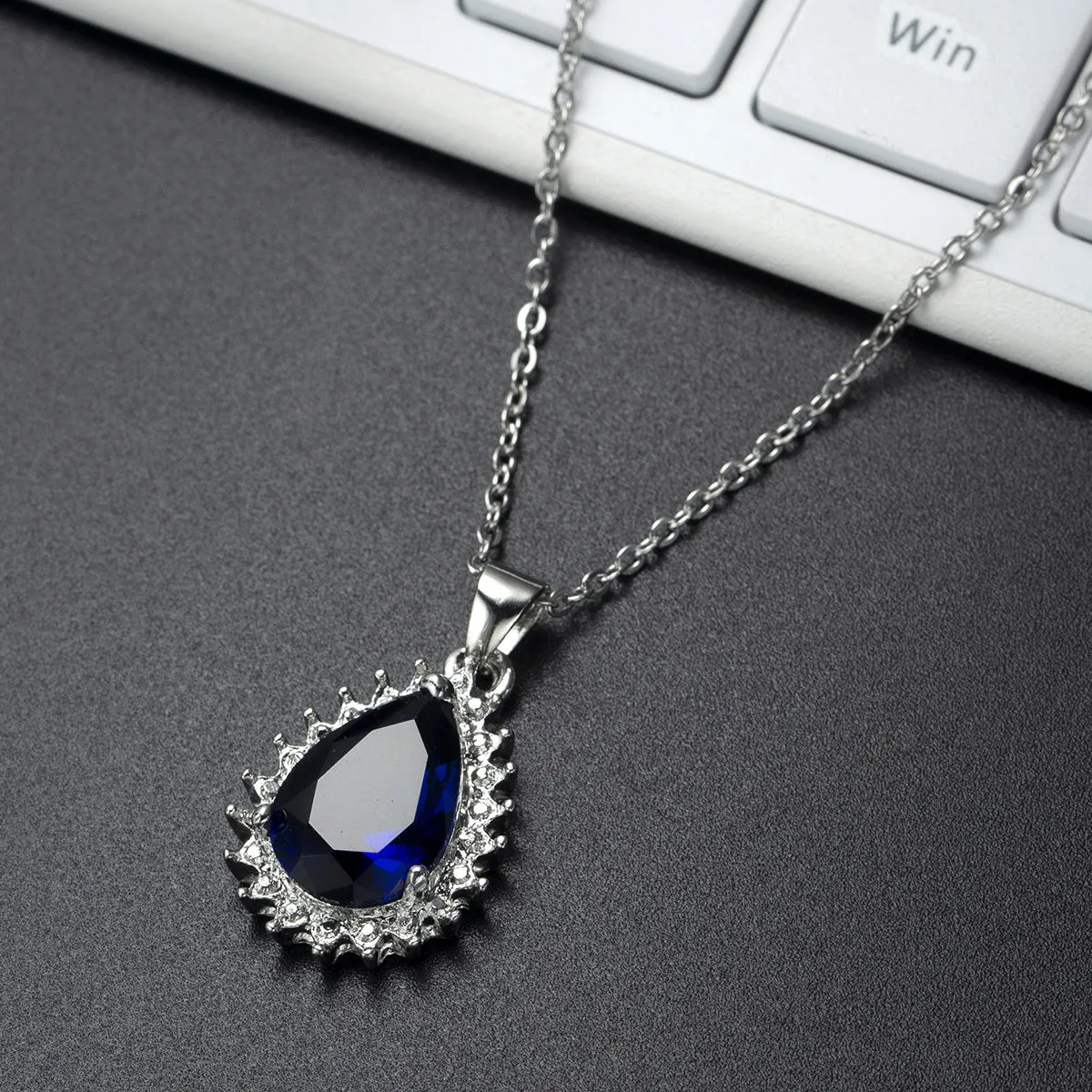 Navy Crystal & Silver-Plated Pear Pendant Necklace