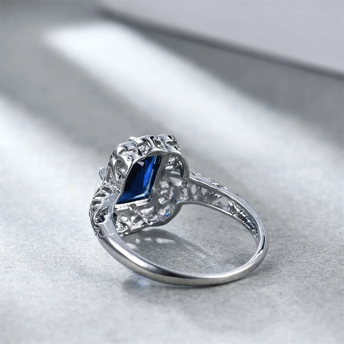 Navy Crystal & Silver-Plated Radiant-Cut Ring