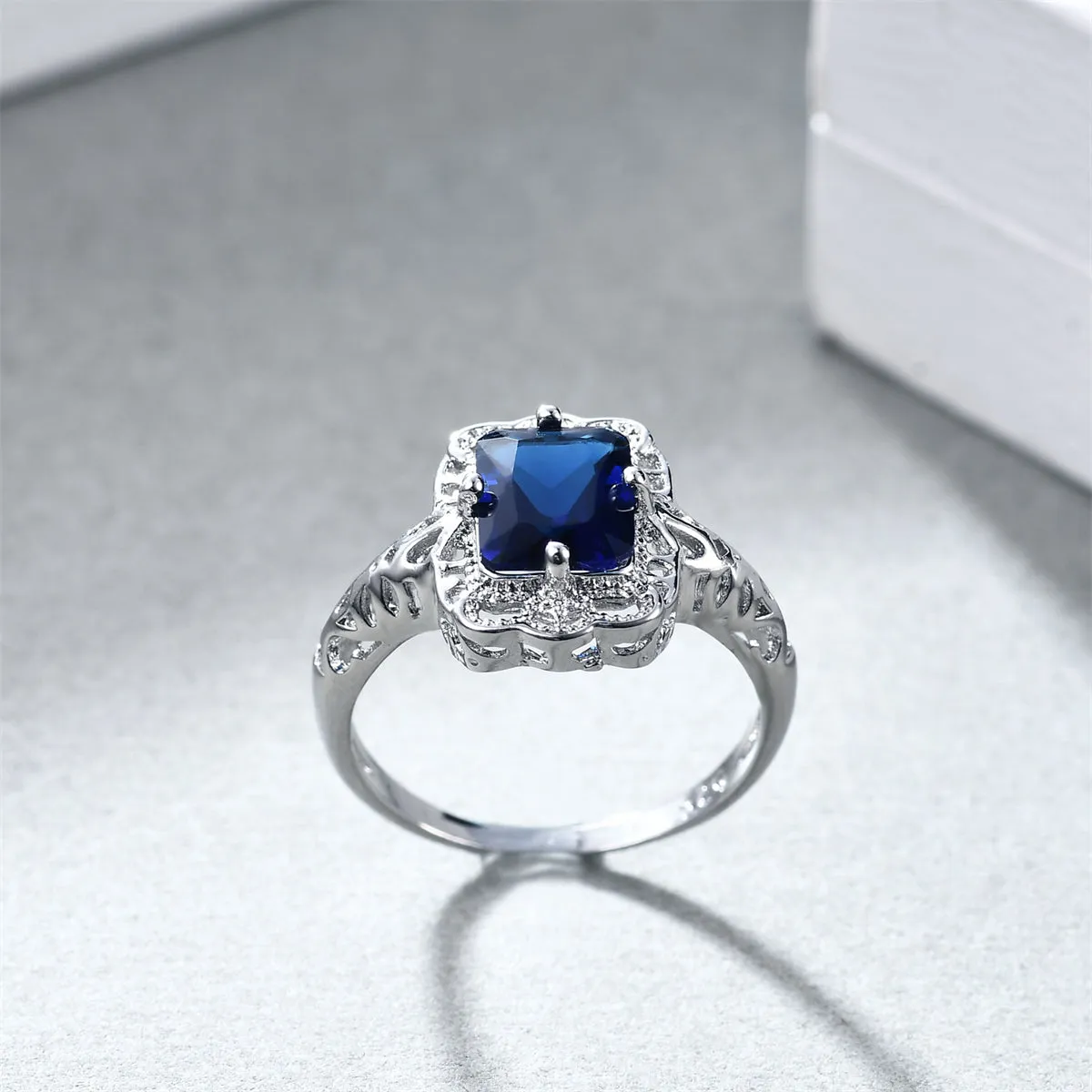 Navy Crystal & Silver-Plated Radiant-Cut Ring