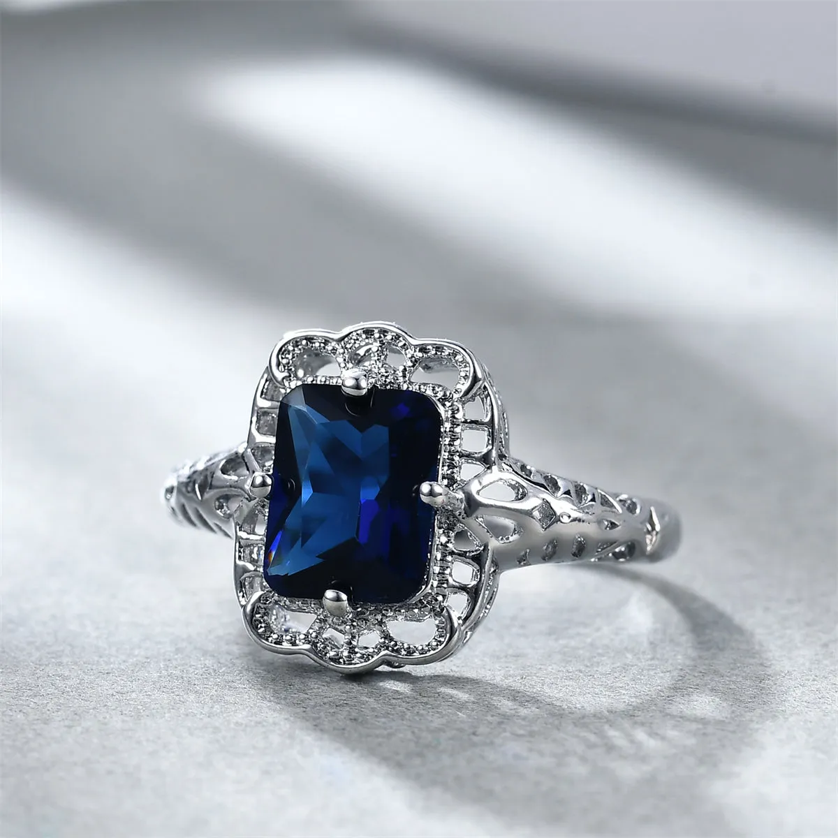 Navy Crystal & Silver-Plated Radiant-Cut Ring
