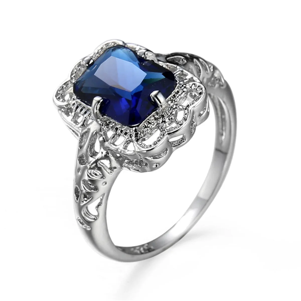 Navy Crystal & Silver-Plated Radiant-Cut Ring