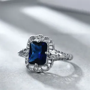 Navy Crystal & Silver-Plated Radiant-Cut Ring