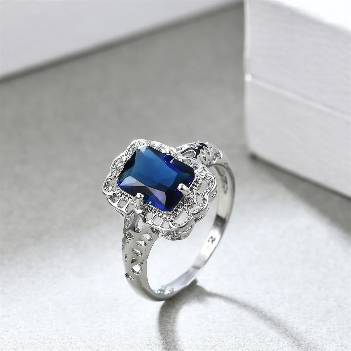 Navy Crystal & Silver-Plated Radiant-Cut Ring