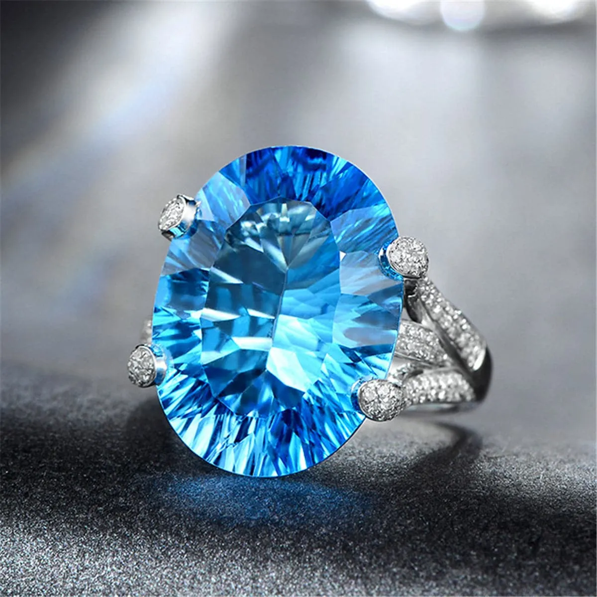 Ocean Blue Crystal Oval-Cut Ring