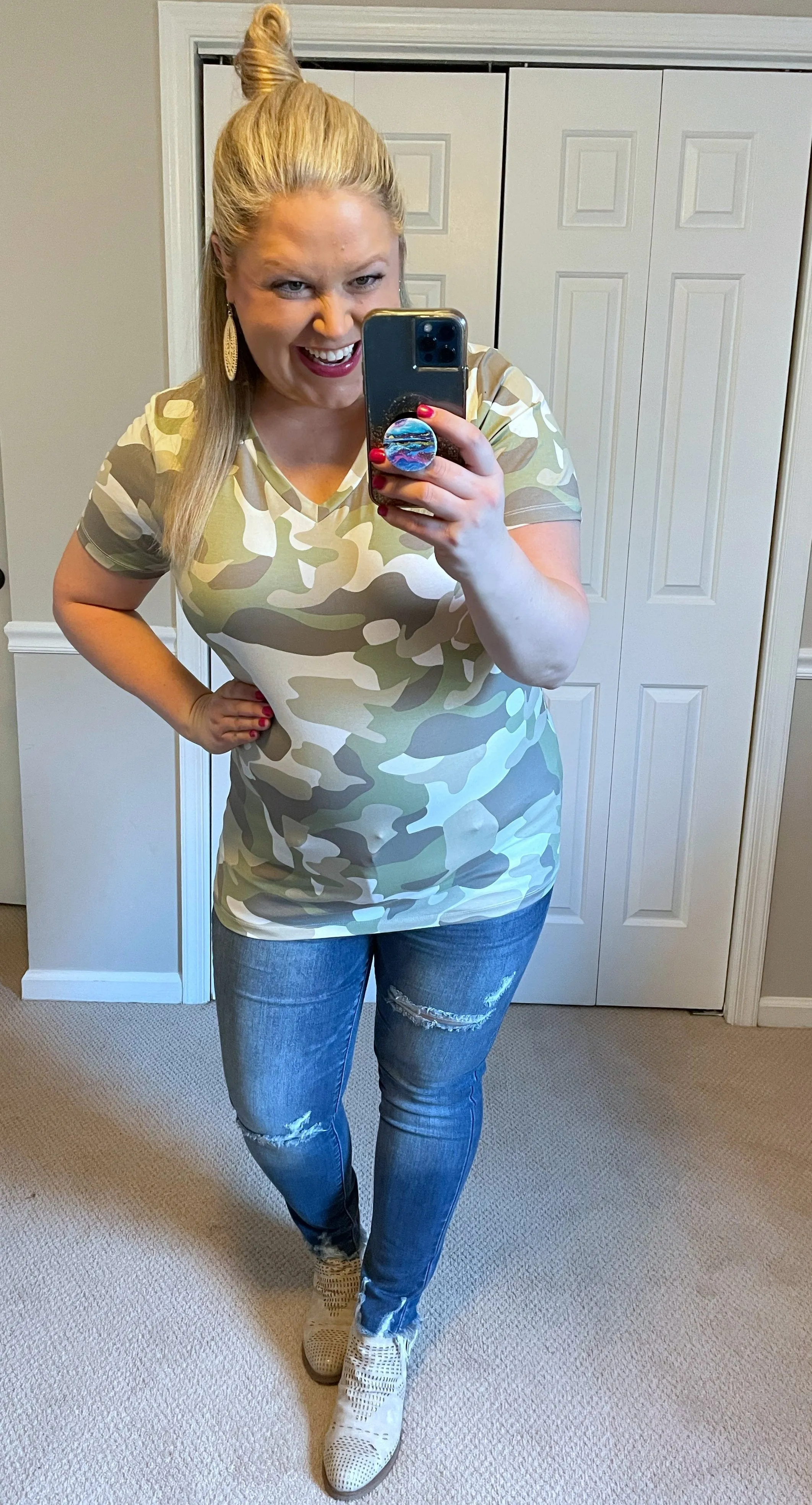 Olivia V-Neck Tee in Green Camo