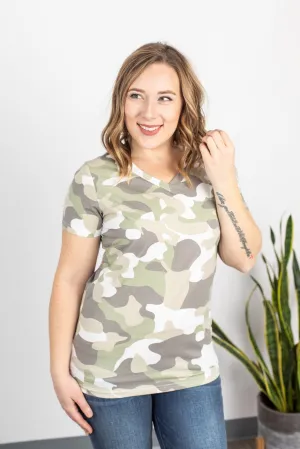Olivia V-Neck Tee in Green Camo
