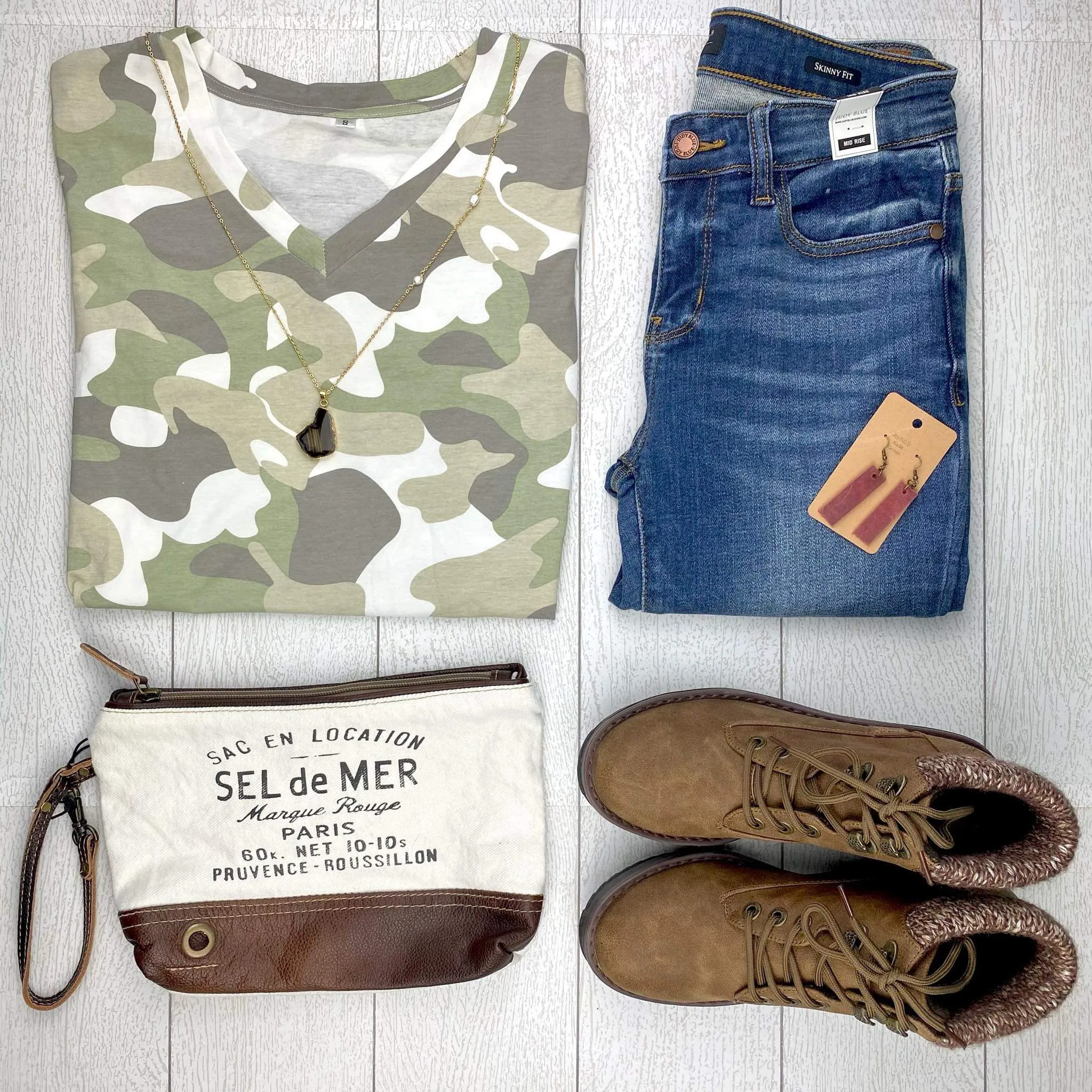 Olivia V-Neck Tee in Green Camo