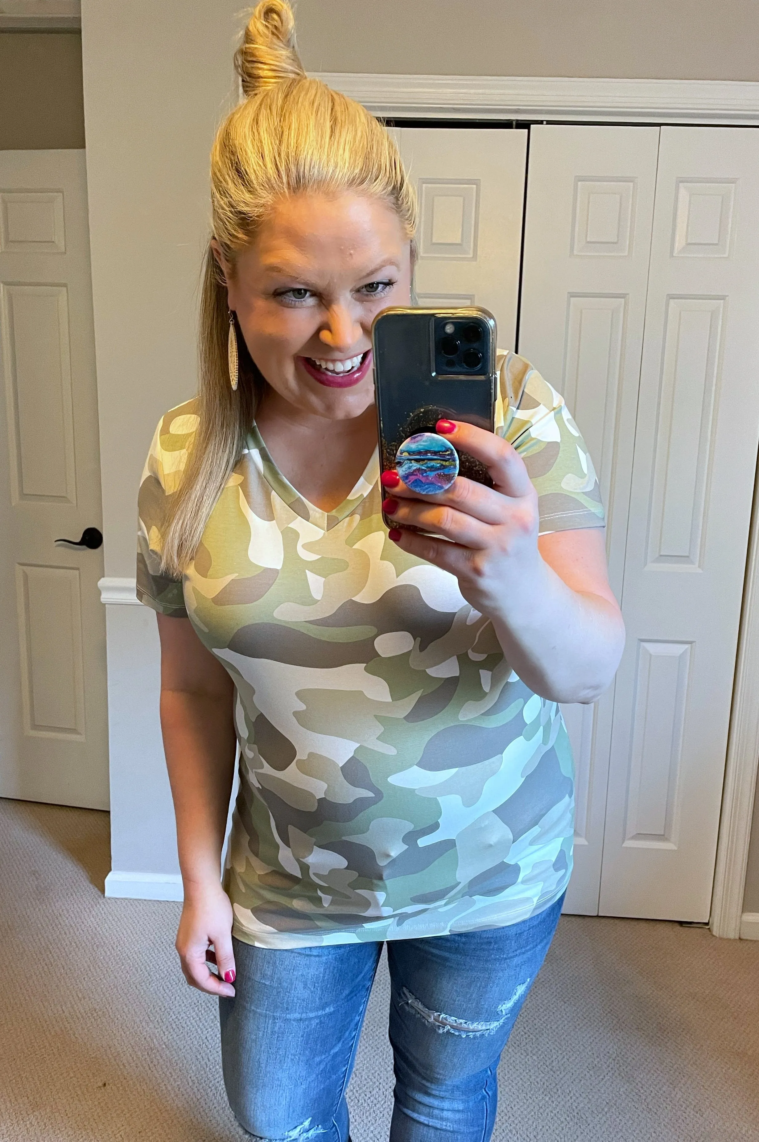 Olivia V-Neck Tee in Green Camo