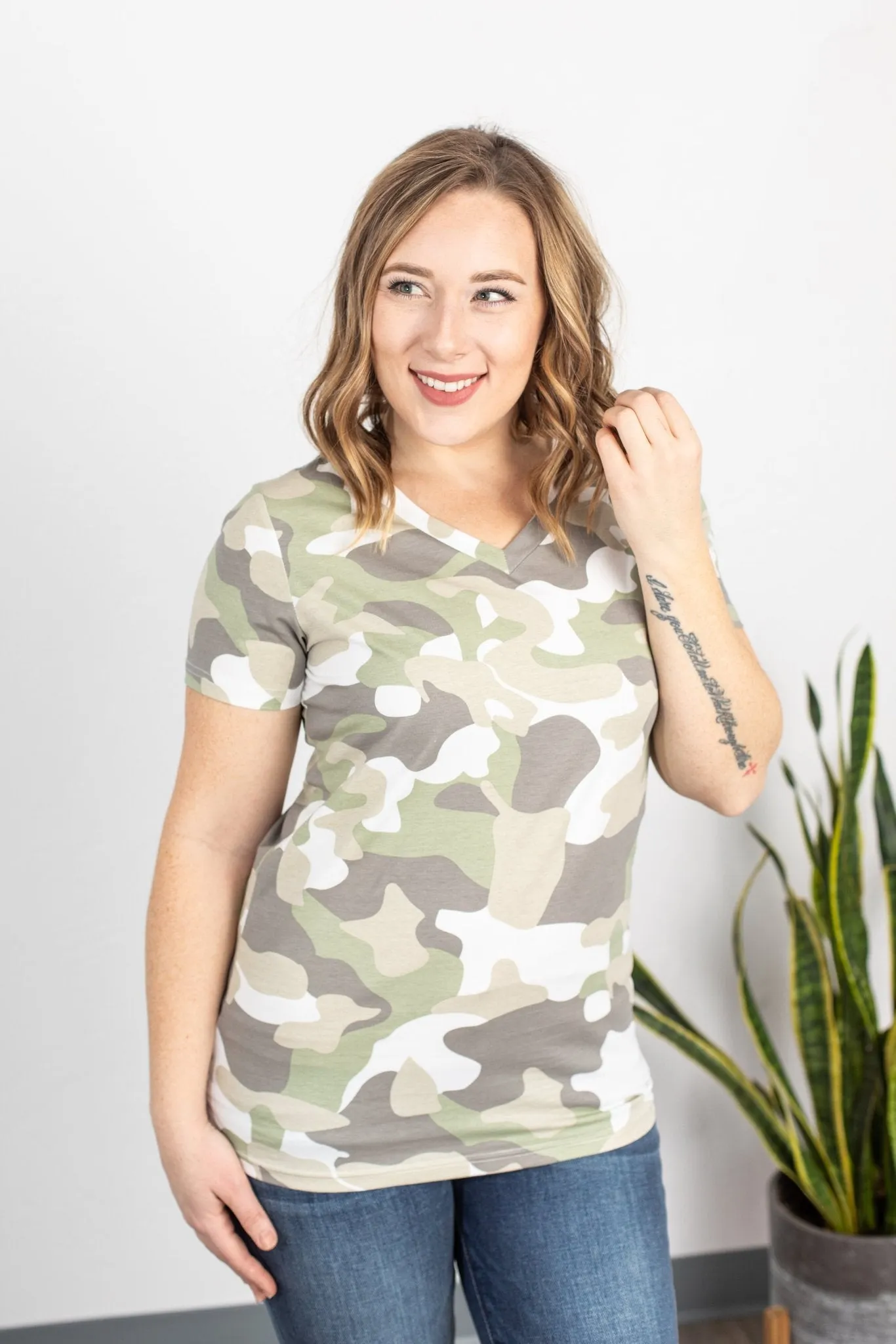 Olivia V-Neck Tee in Green Camo
