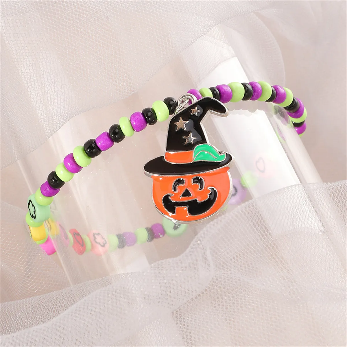 Orange Howlite & Silver-Plated Pumpkin Charm Stretch Bracelet