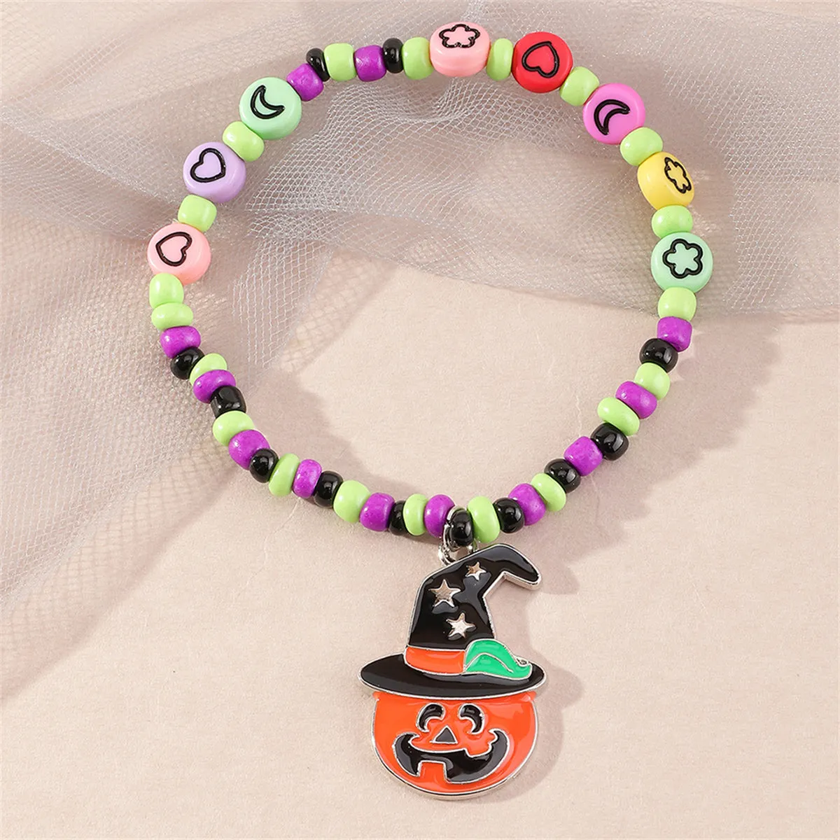 Orange Howlite & Silver-Plated Pumpkin Charm Stretch Bracelet