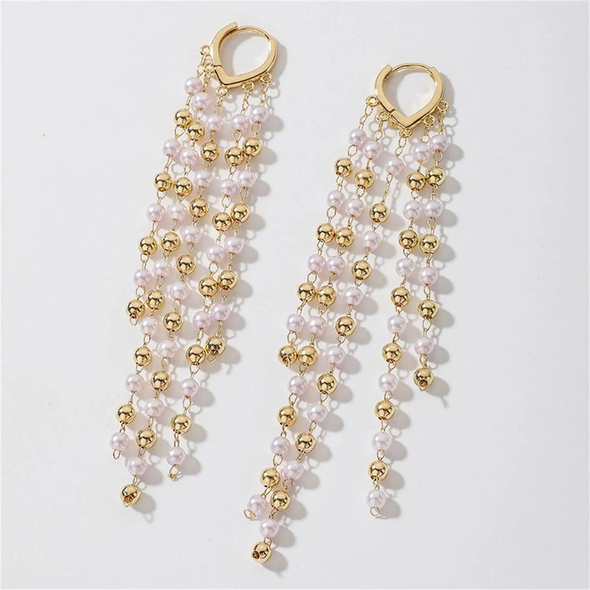 Pearl & 18K Gold-Plated Tassel-Chain Huggie Earrings