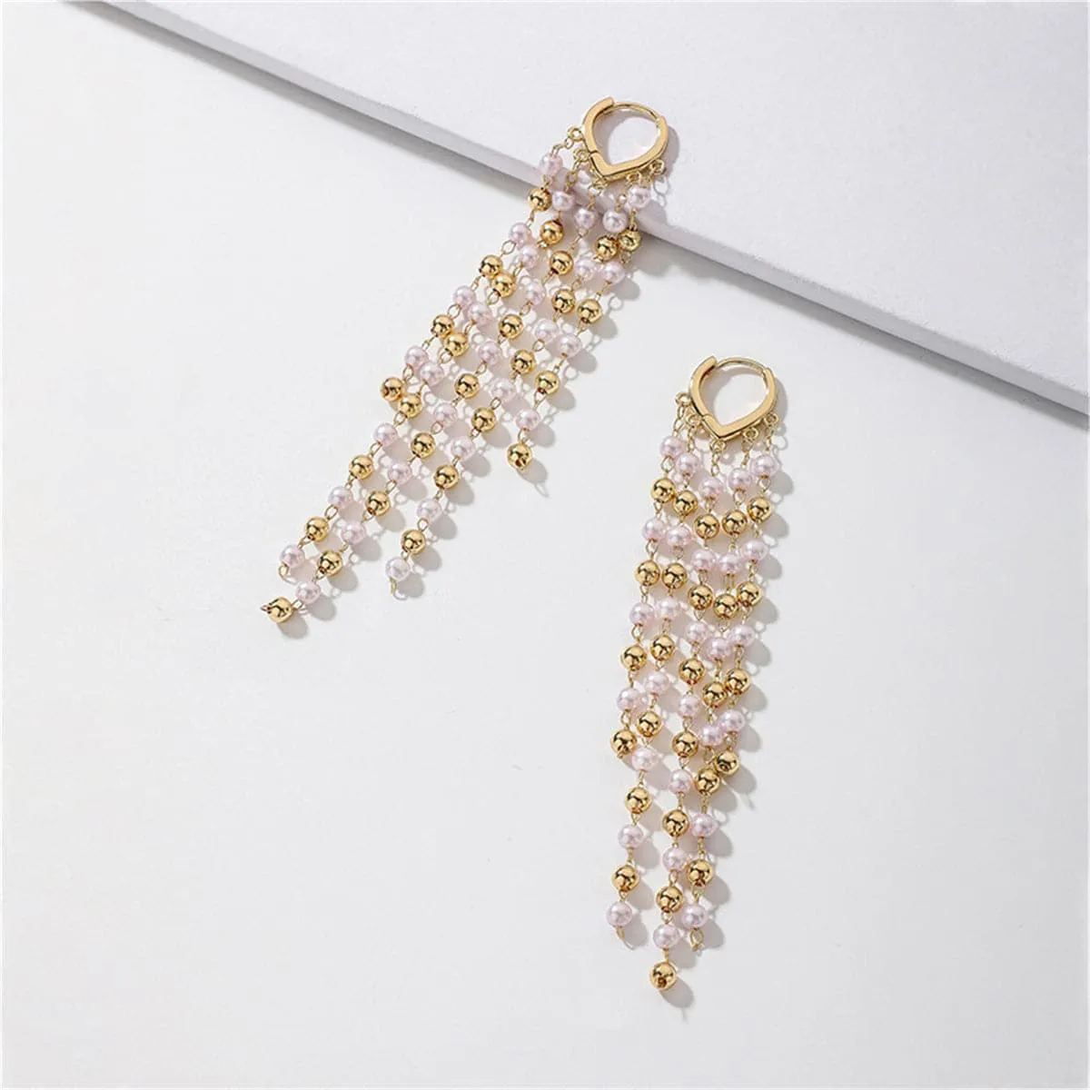 Pearl & 18K Gold-Plated Tassel-Chain Huggie Earrings