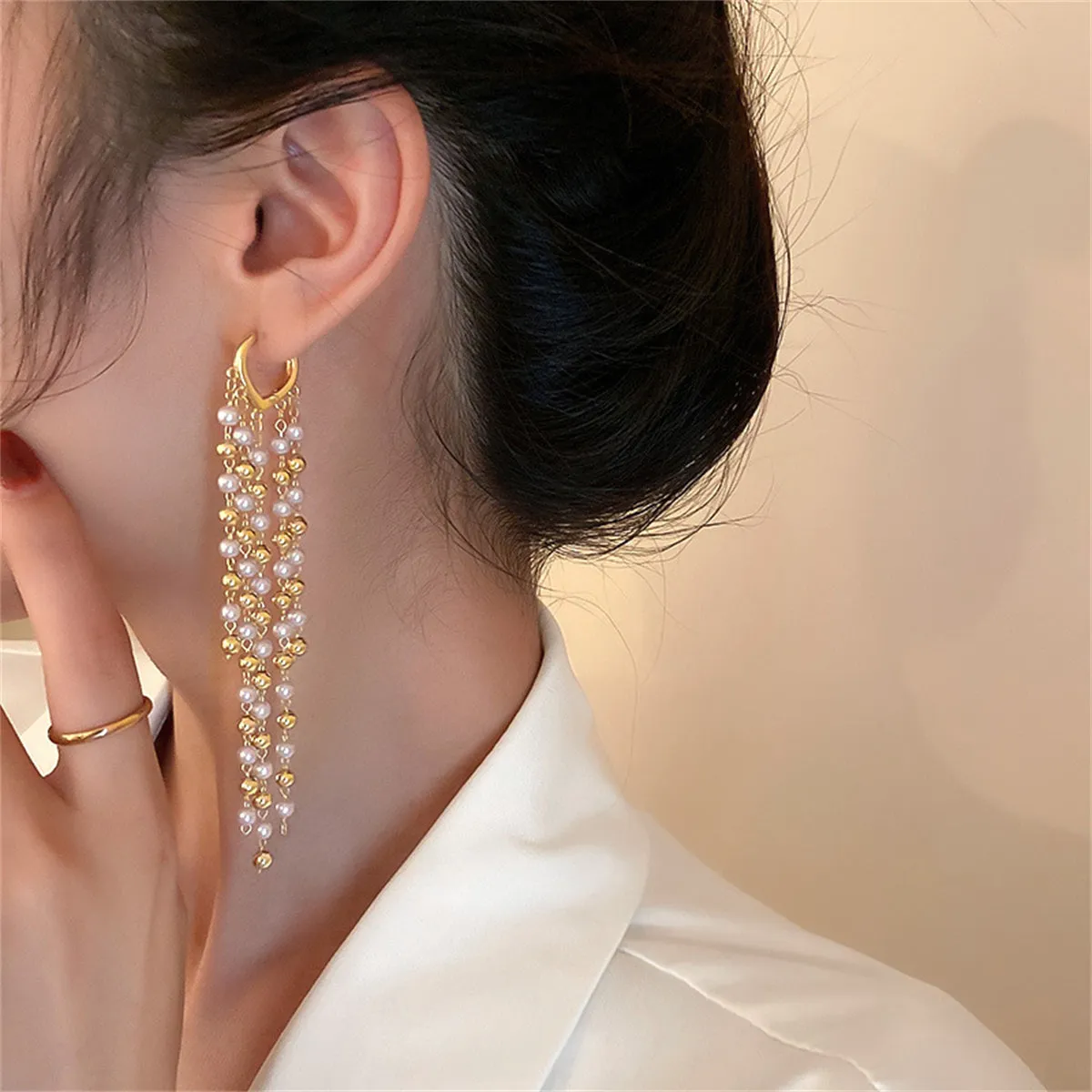 Pearl & 18K Gold-Plated Tassel-Chain Huggie Earrings