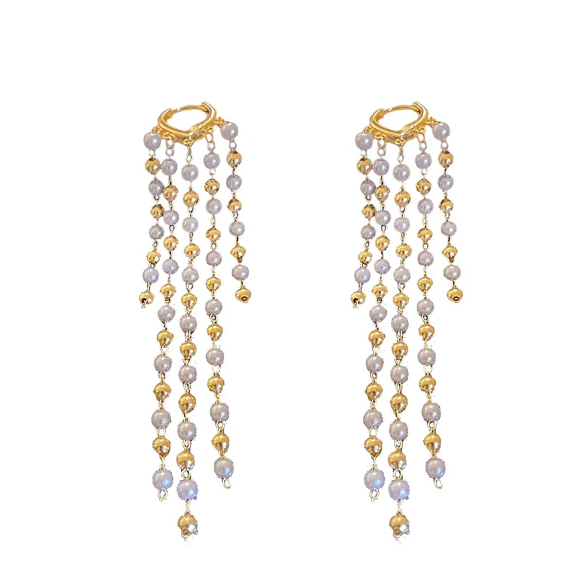 Pearl & 18K Gold-Plated Tassel-Chain Huggie Earrings